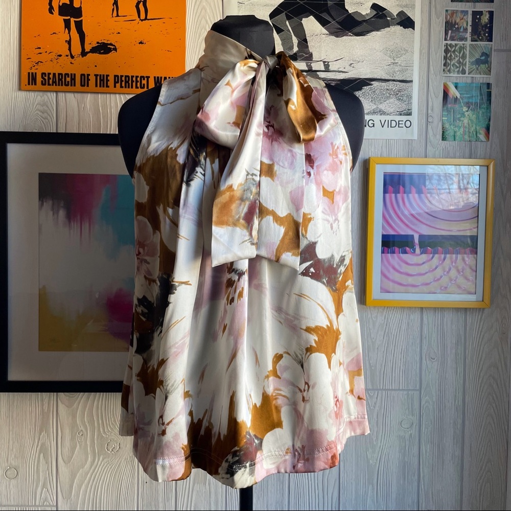 Vintage Spiegel Silk Bow Neck Sleeveless Bow Floral Office Spring Summer